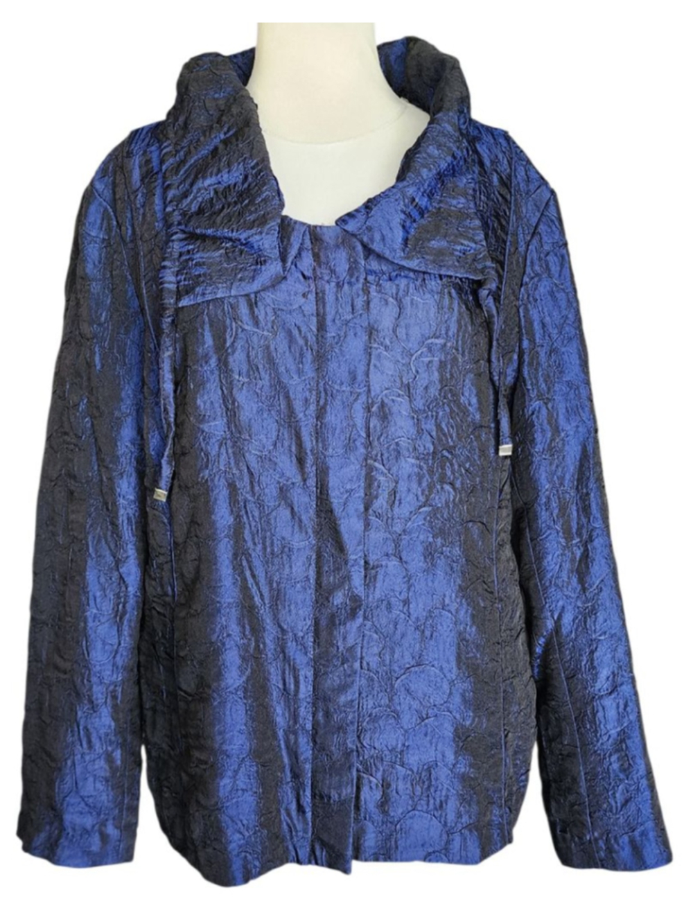 Chico's Blue Crinkle Textured Jacket Women's L Metallic Shine Collared